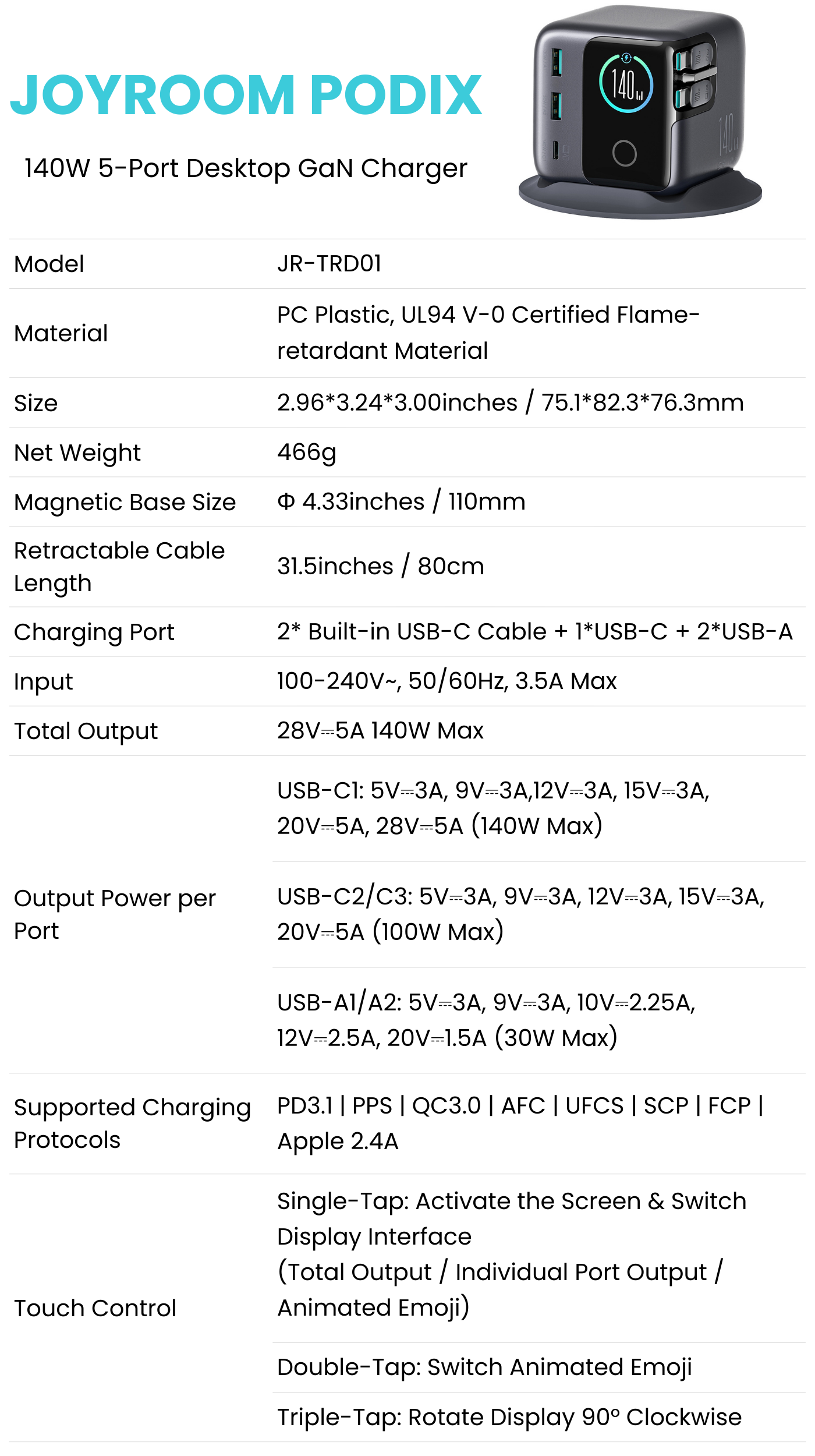 JR-TRD01 JOYROOM PODIX 140W 5-Port Desktop GaN Charger-Dark Gray