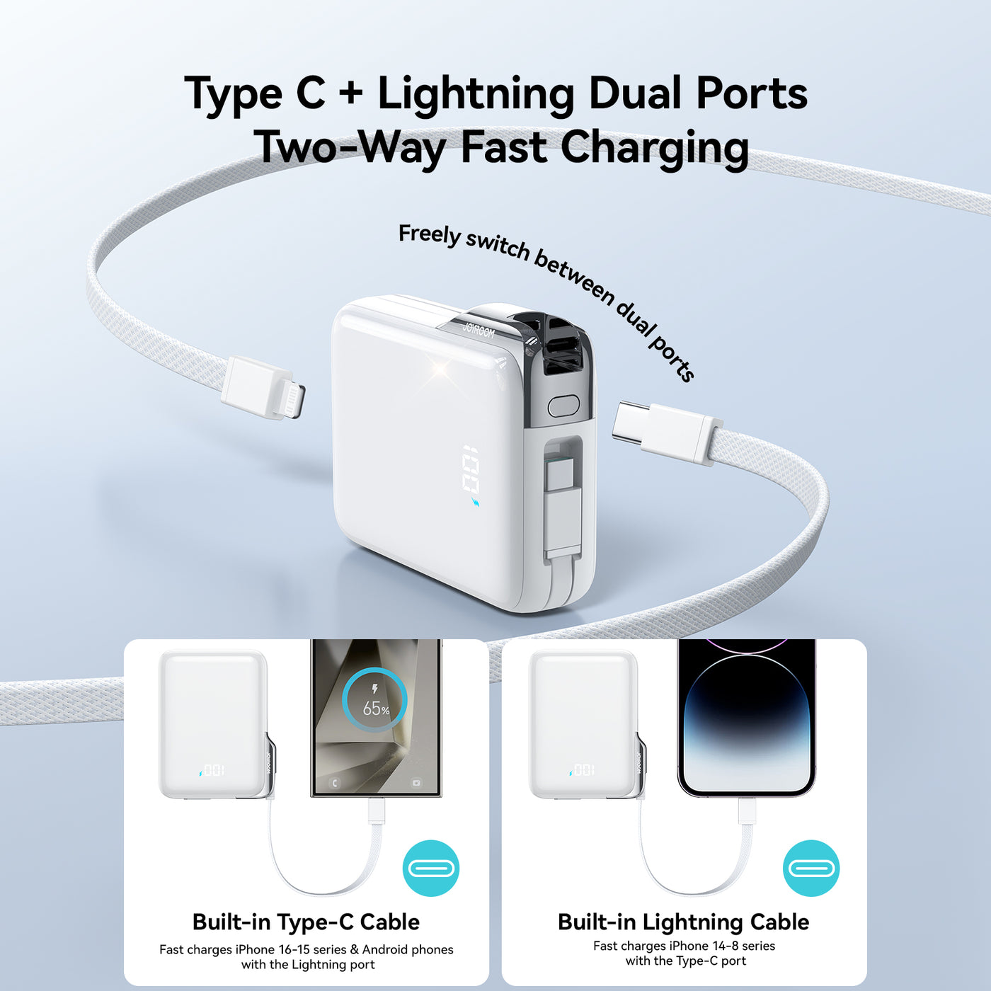 JR-PBF27 Pro 30W Power Bank with Built-in Type-C Cable & Extra C-to-L Cable 10000mAh-White