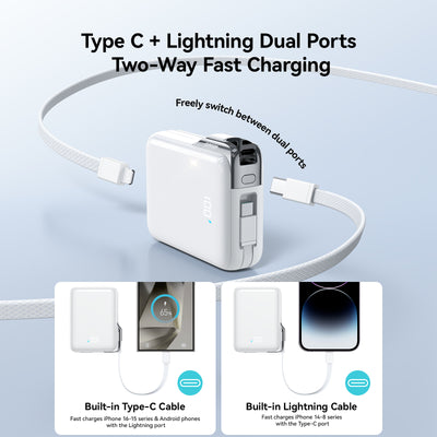 JR-PBF27 Pro 30W Power Bank with Built-in Type-C Cable & Extra C-to-L Cable 10000mAh-White