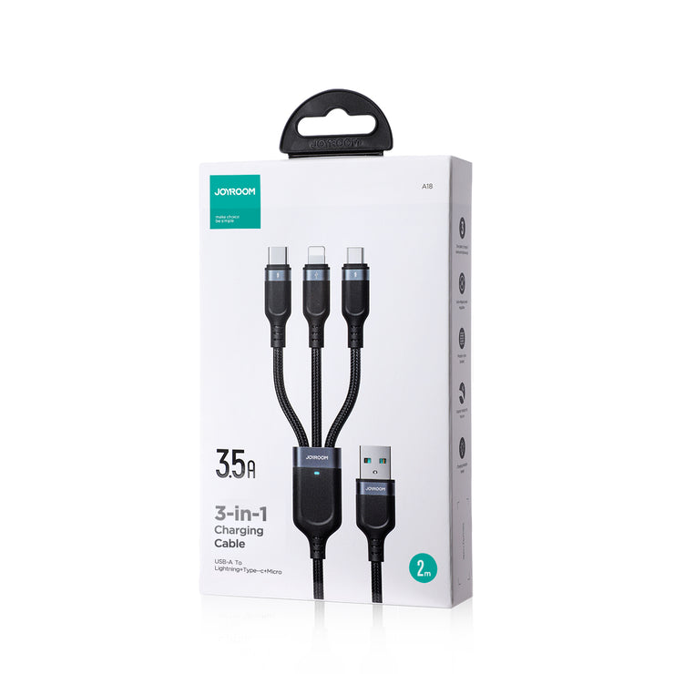 S-1T3018A18 Multi-Use 3.5A Lightning+Type-C+Micro 3-in-1 Data Cable 0.3m/1.2m/3m-Black
