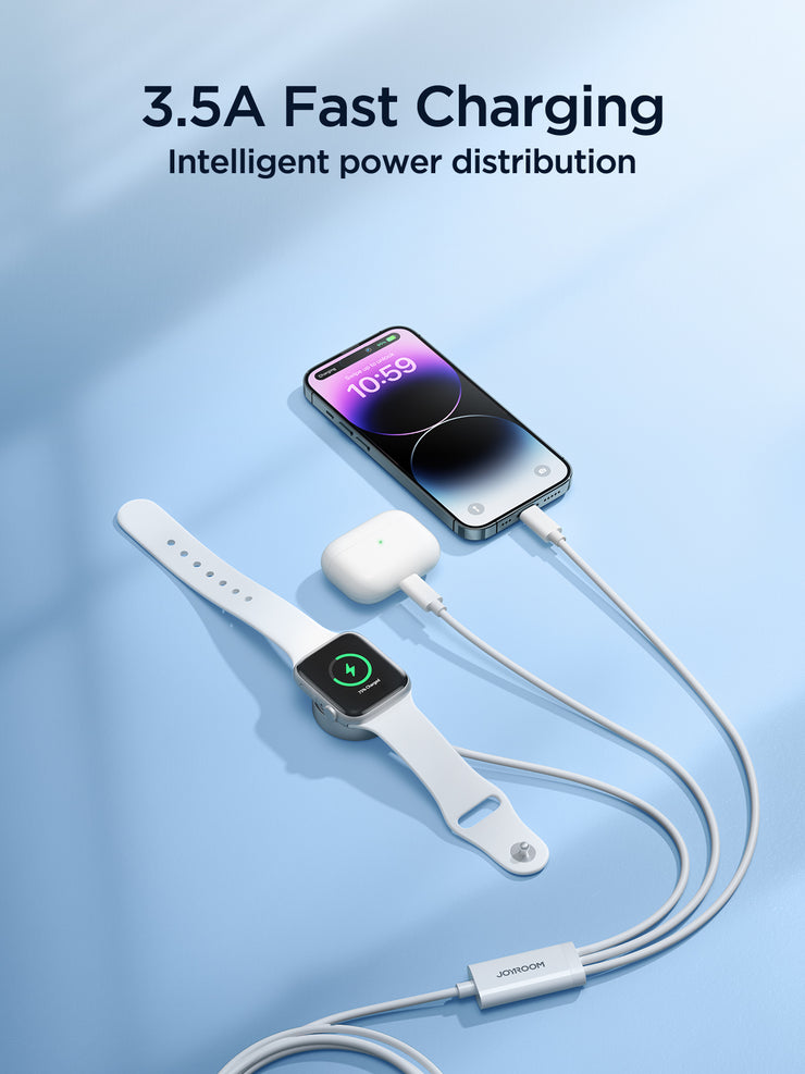 S-IW007 3-in-1 iP Watch Magnetic Charger+Dual Lightning cable (USB-A) 1.2m-White