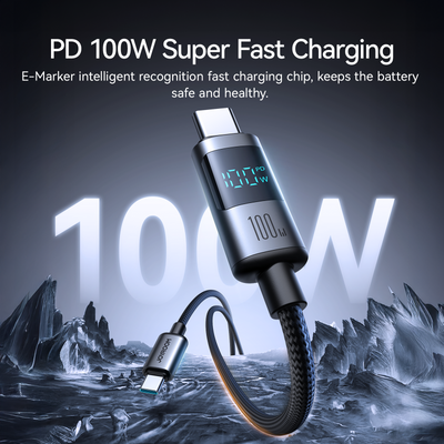 S-A16 Pro 100W/66W/30W/3A CC/CL/Type c/Lightning Digital Display Fast Charging Data Cable 1.2m-Black