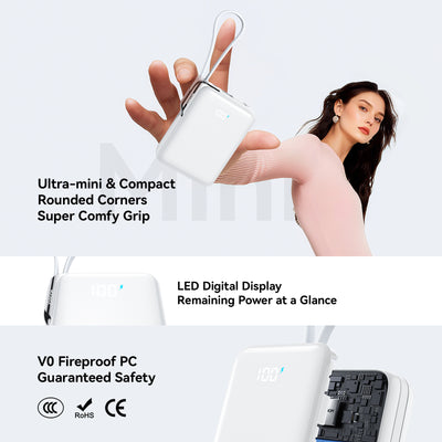 JR-PBF27 Pro 30W Power Bank with Built-in Type-C Cable & Extra C-to-L Cable 10000mAh-White