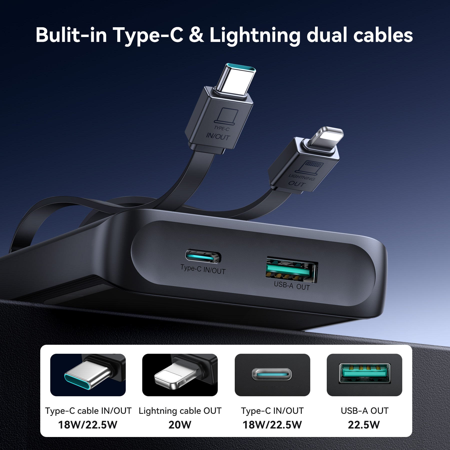 JOYROOM JR-PBF19 22.5W digital display with dual cable 10000mAh Power Bank 1