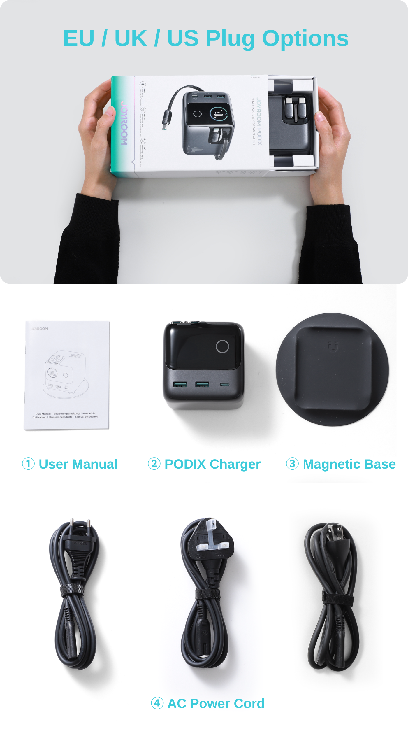 JR-TRD01 JOYROOM PODIX 140W 5-Port Desktop GaN Charger-Dark Gray