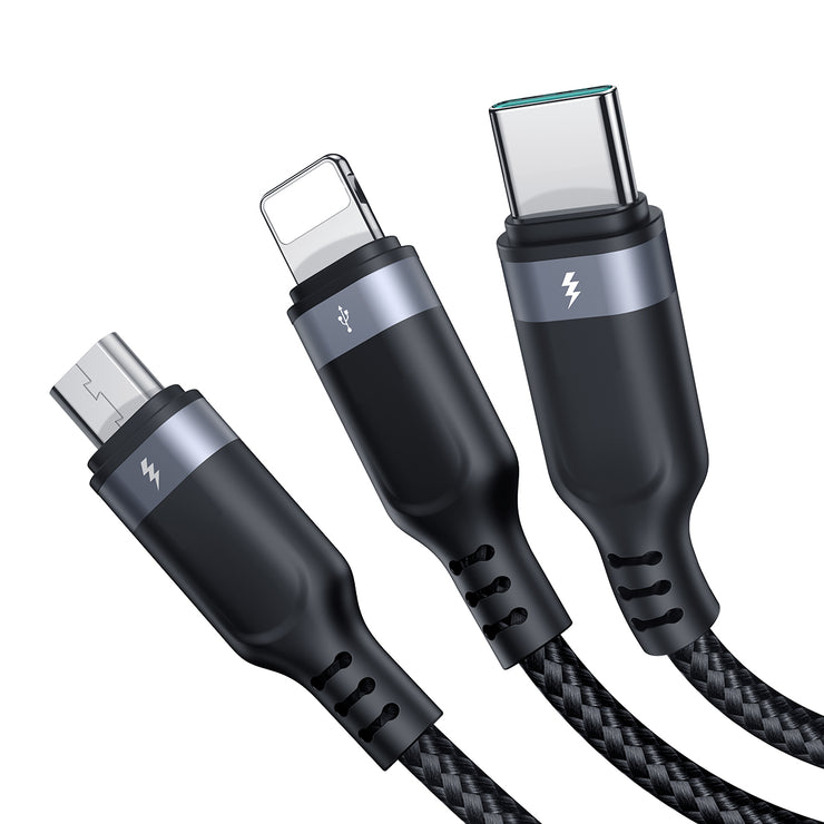 S-1T3018A18 Multi-Use 3.5A Lightning+Type-C+Micro 3-in-1 Data Cable 0.3m/1.2m/3m-Black