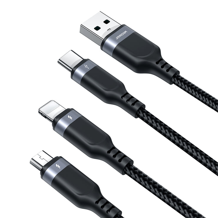S-1T3018A18 Multi-Use 3.5A Lightning+Type-C+Micro 3-in-1 Data Cable 0.3m/1.2m/3m-Black