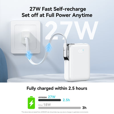 JR-PBF27 Pro 30W Power Bank with Built-in Type-C Cable & Extra C-to-L Cable 10000mAh-White