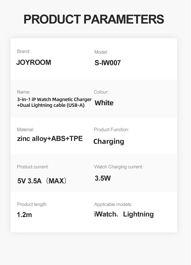 S-IW007 3-in-1 iP Watch Magnetic Charger+Dual Lightning cable (USB-A) 1.2m-White