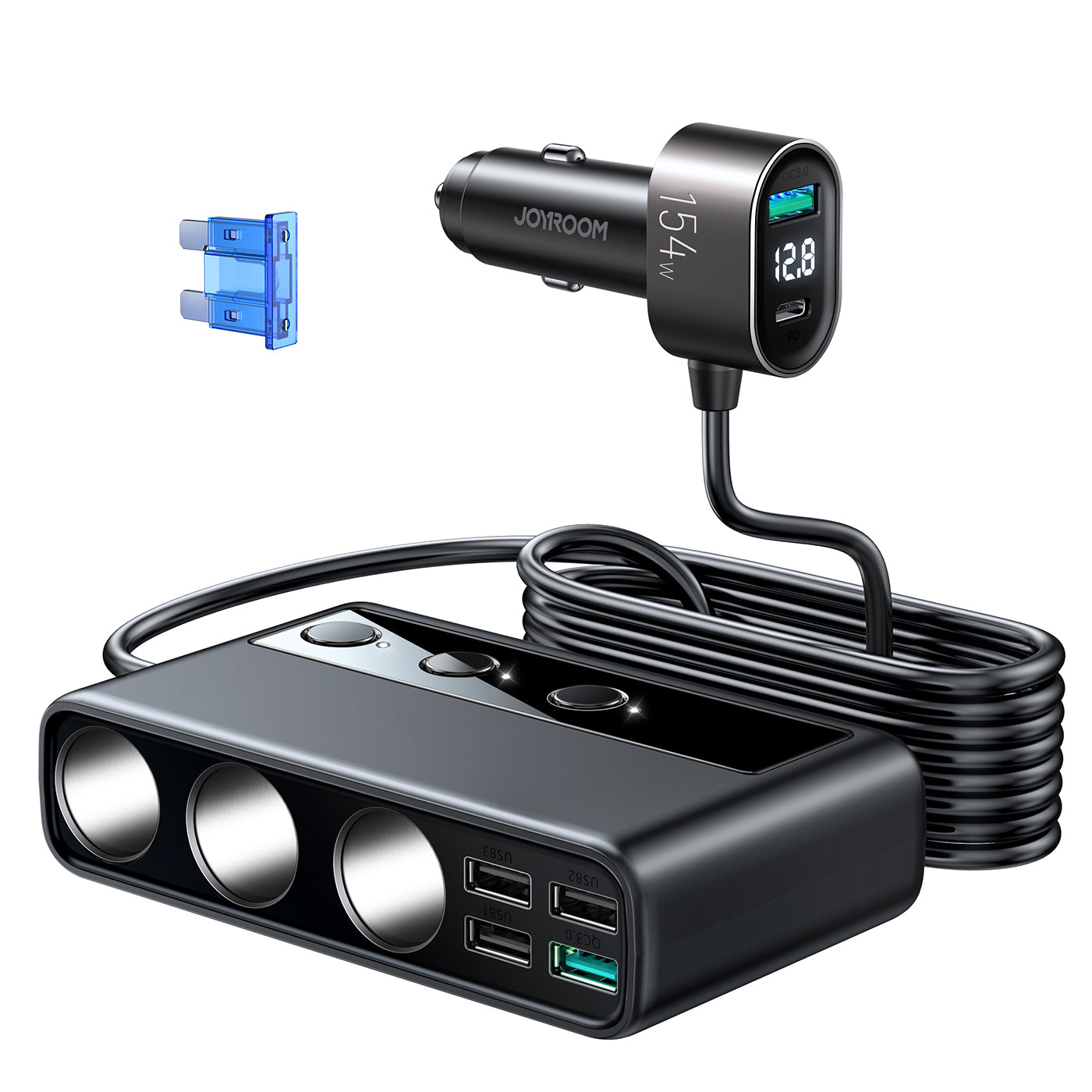 JR-CL06 154W Car cigarette lighter adapter with three sockets PD+QC3.0+USB*4